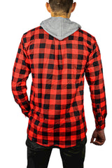 Mens Cotton Flannelette Shirt w Jersey Hood Long Sleeve Flannel - Red/Black - L