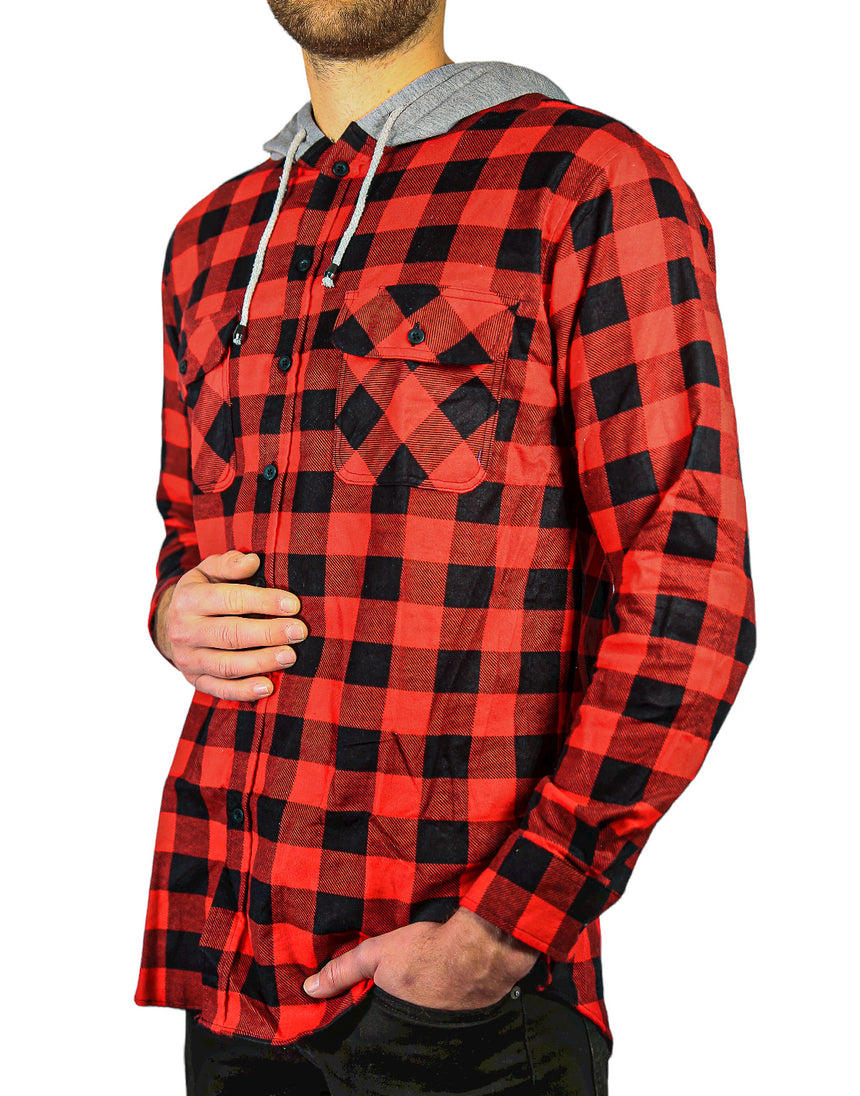 Mens Cotton Flannelette Shirt w Jersey Hood Long Sleeve Flannel - Red/Black - L