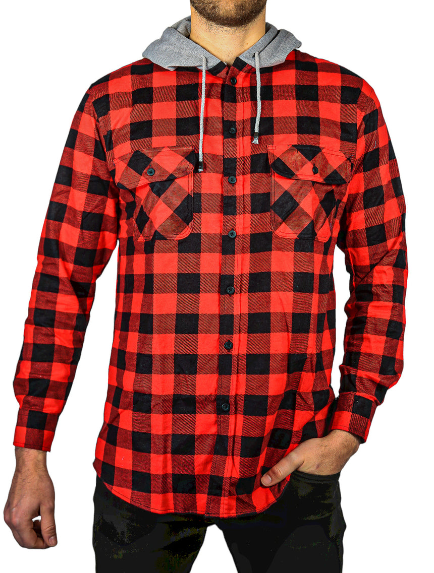 Mens Cotton Flannelette Shirt w Jersey Hood Long Sleeve Flannel - Red/Black - XXL