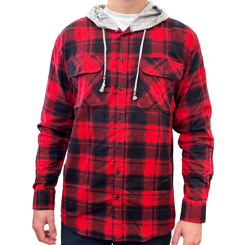 Mens Cotton Flannelette Shirt w Jersey Hood Long Sleeve Flannel - Red - 3XL