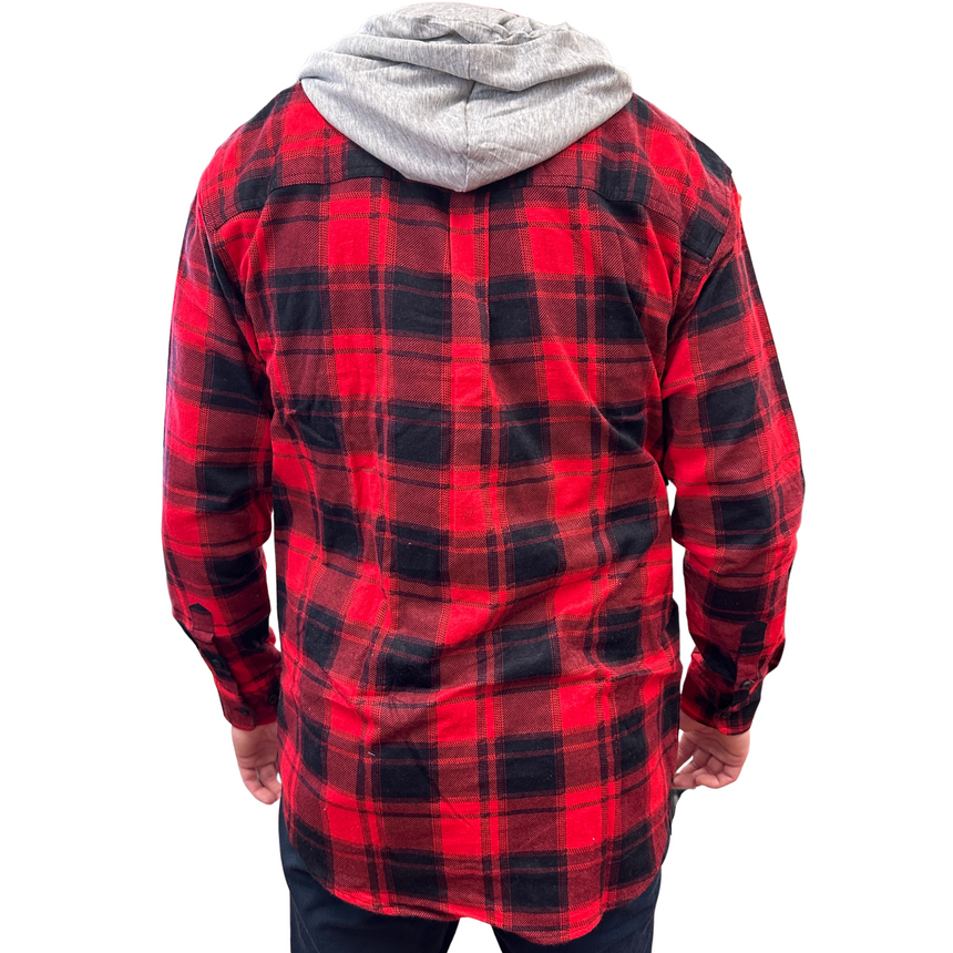 Mens Cotton Flannelette Shirt w Jersey Hood Long Sleeve Flannel - Red - M