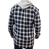 Mens Cotton Flannelette Shirt w Jersey Hood Long Sleeve Flannel - Black - 2XL