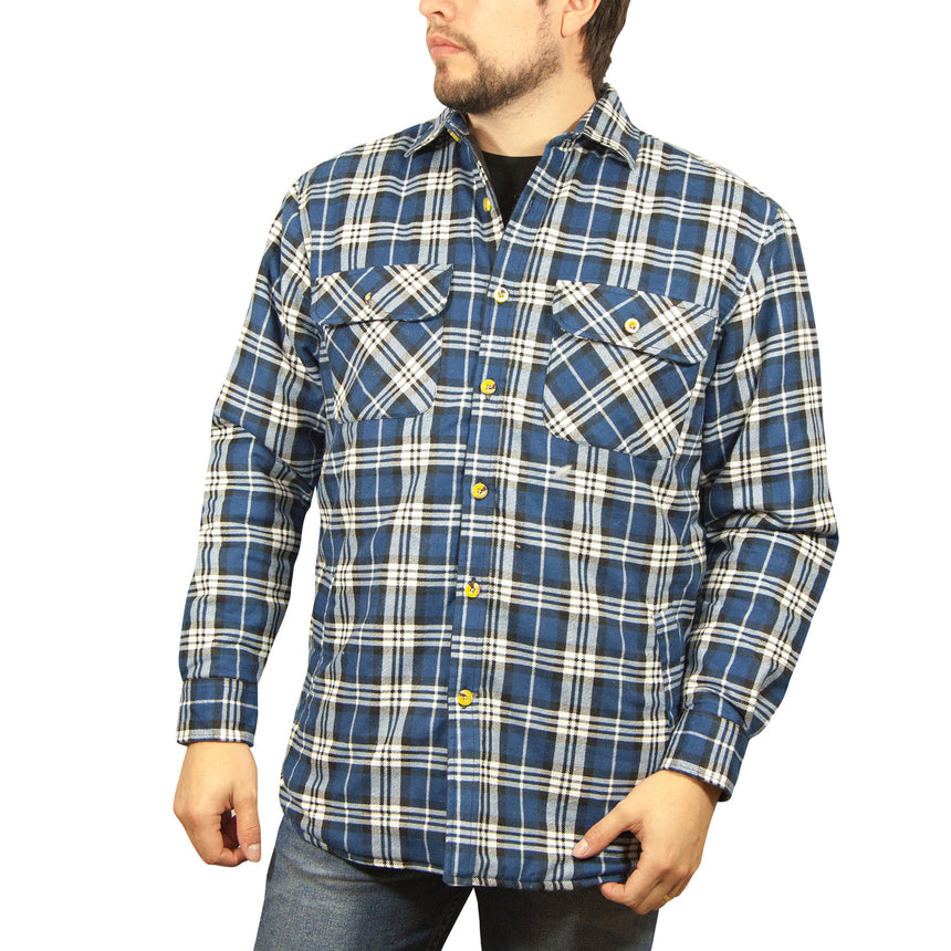 Jacksmith Quilted Flannelette Shirt Mens Jacket 100% Cotton Padded Warm Winter Flannel - Navy/Light Blue - 3XL