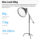 150-330cm Black Heavy Duty C-Stand Adjustable Light Stand Load 20KG Capacity