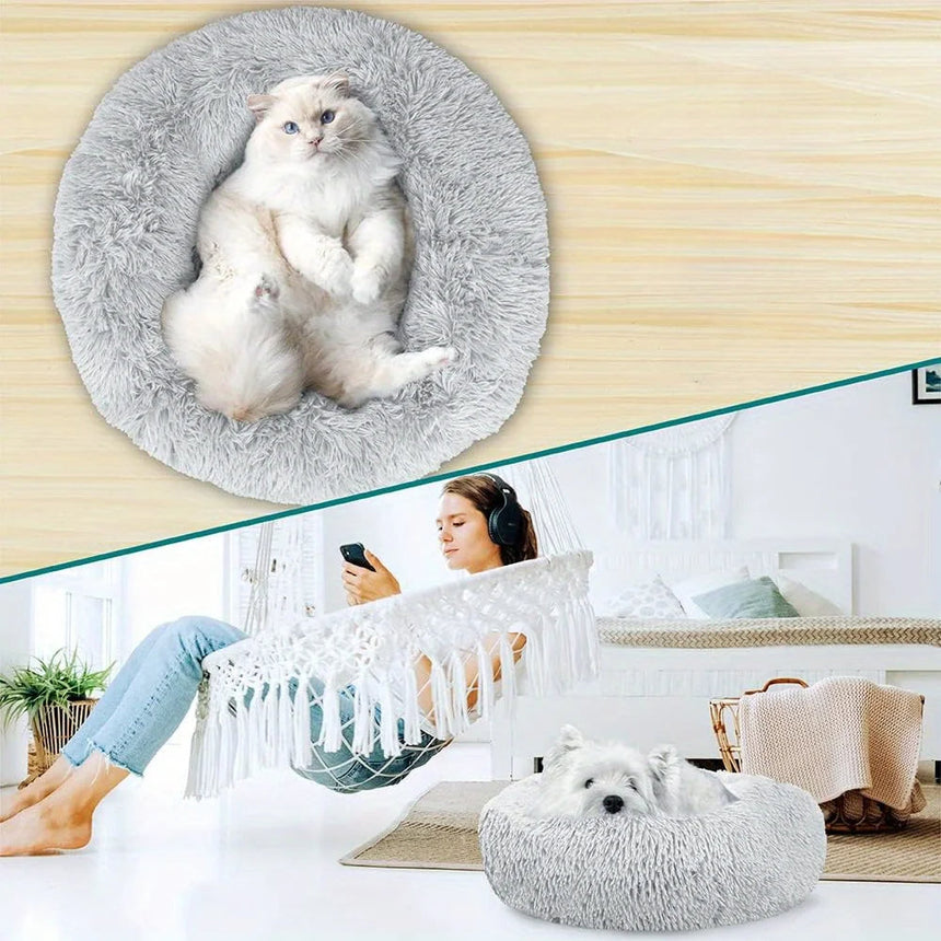 Medium-50cm cream PawfectFriend Dog Pet Cat Calming Bed Plush Beds Large Fluffy Donut Comfy Cushion Puppy Mat