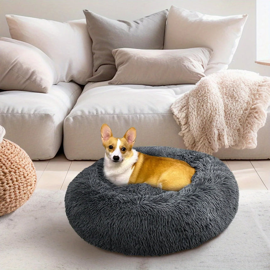 Medium-50cm cream PawfectFriend Dog Pet Cat Calming Bed Plush Beds Large Fluffy Donut Comfy Cushion Puppy Mat