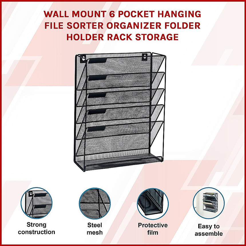 Wall Mount 6 Pocket Hanging File Sorter Organizer Folder Holder Rack Storage