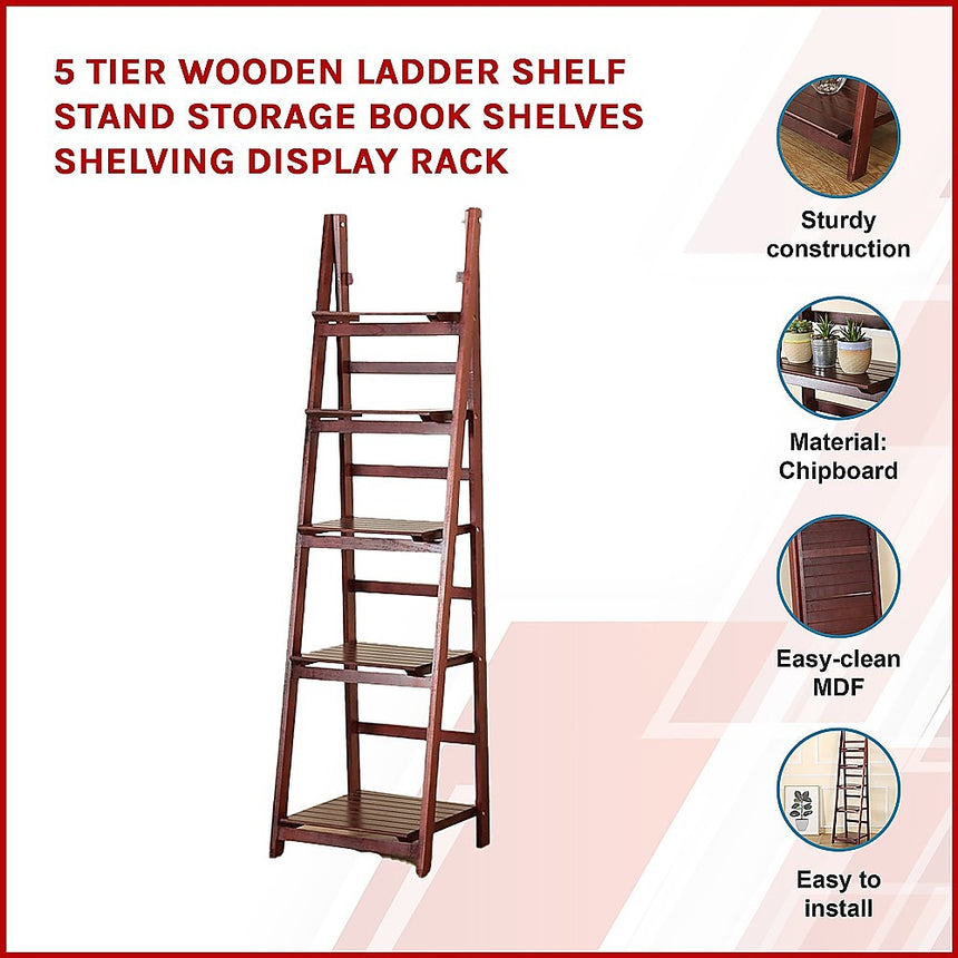 5 Tier Wooden Ladder Shelf Stand Storage Book Shelves Shelving Display Rack