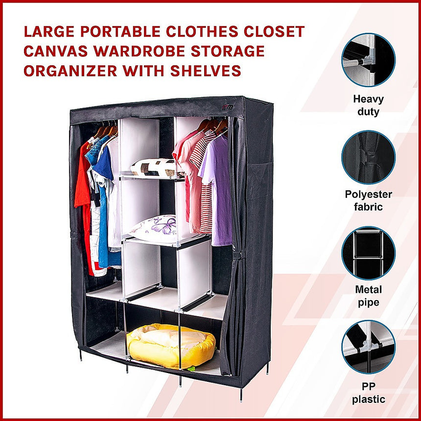 Large Portable Clothes Closet Canvas Wardrobe Storage Organizer with Shelves