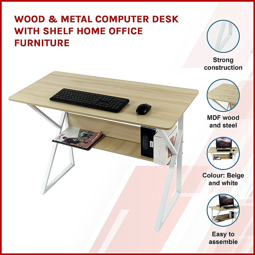 Wood & Metal Computer Desk with Shelf Home Office Furniture