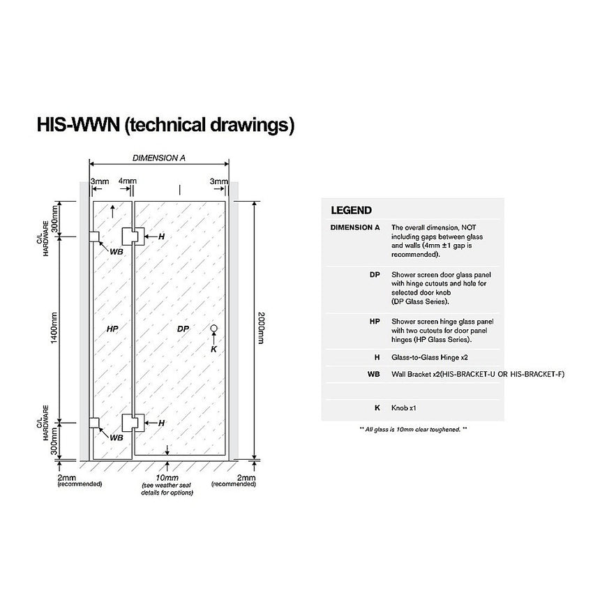 100cm Wall to Wall Frameless Shower Screen with Gold Brackets and SS Hinges, Square Knob Handle