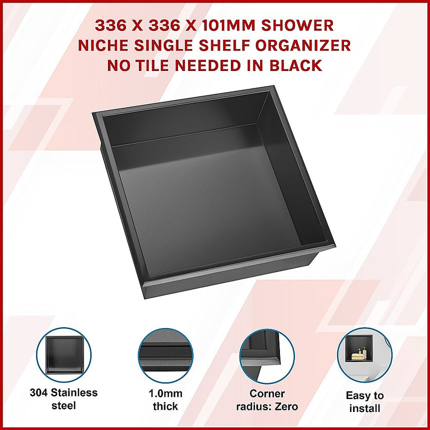 336 x 336 x 101mm Shower Niche Single Shelf Organizer No Tile Needed in Black