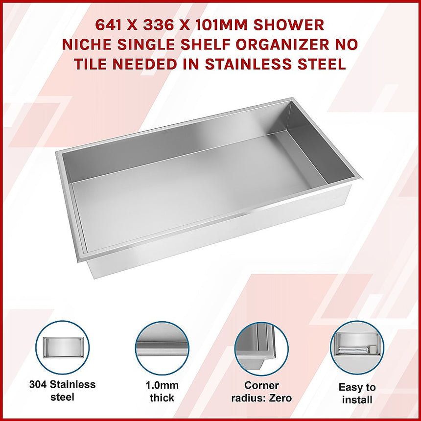 641 x 336 x 101mm Shower Niche Single Shelf Organizer No Tile Needed in Stainless Steel