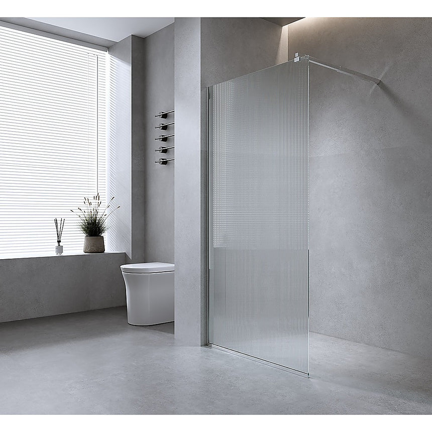 100cm Reeded Single Shower Glass Screen with White Wall & Floor Channel