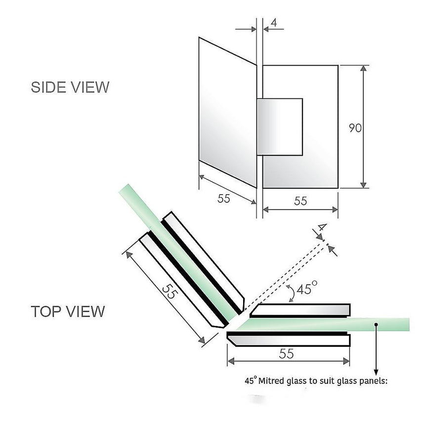 135° Glass-to-Glass Stainless steel Square Shower Hinge in Chrome