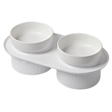 24x Ribbed Ceramic Double Pet Bowl 3pc Set - White