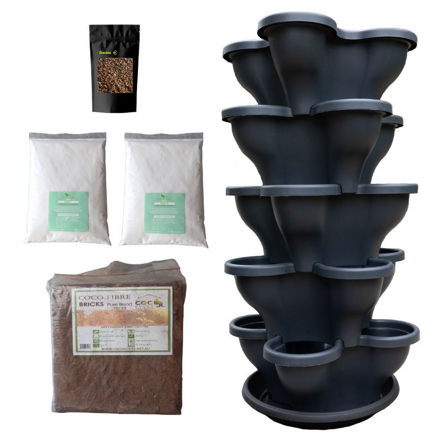 Single 5 Tier Large Verandah Planter Garden Kit (Inc Coir, A & B Nutrient and Bardee Superfly Organic Booster)  - Charcoal