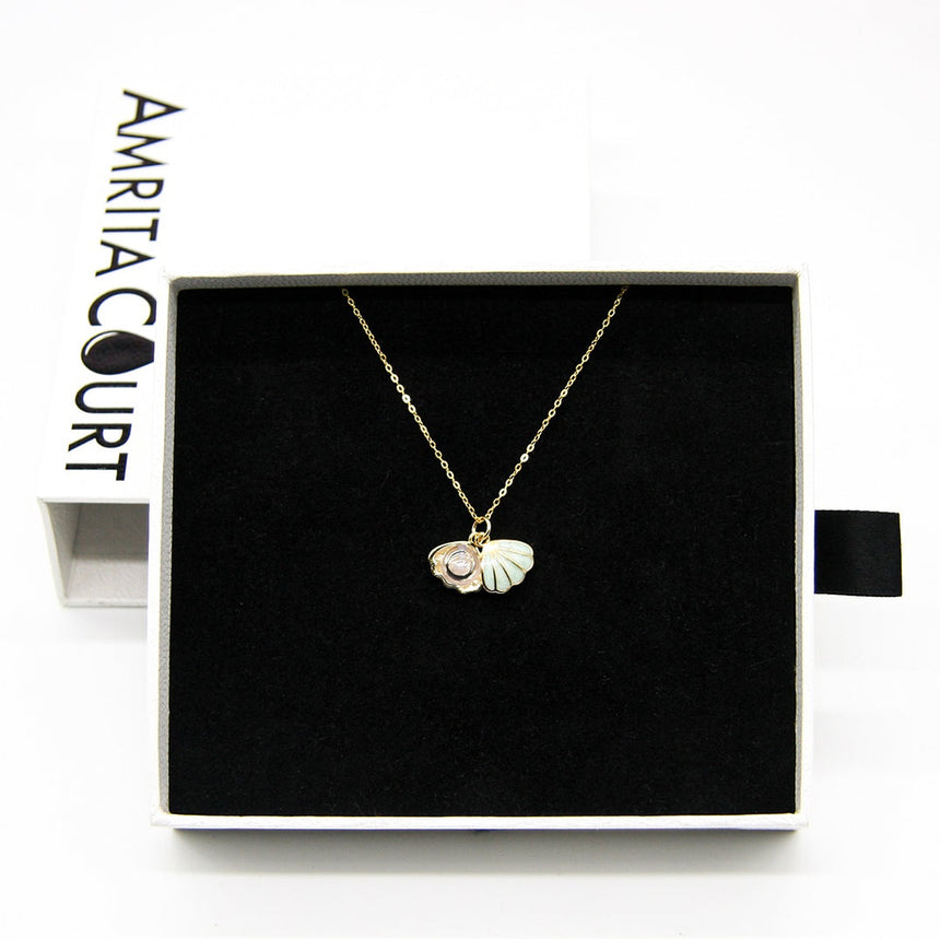 Gift Box - Aroma Necklace 925 Silver, Gold coated - Green Shell Dreamy Lavender (Light Purple) + Purify Oil Blend