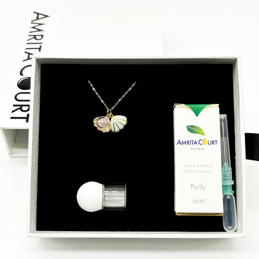 Gift Box - Aroma Necklace 925 Silver, Gold coated - Green Shell Dreamy Lavender (Light Purple) + Purify Oil Blend