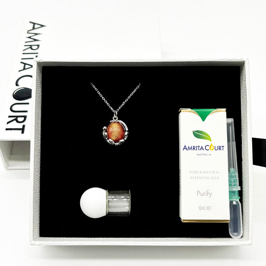 Gift Box - Aroma Necklace White Gold - Planet Solstice Sunburst (Fire Red) + Purify Oil Blend