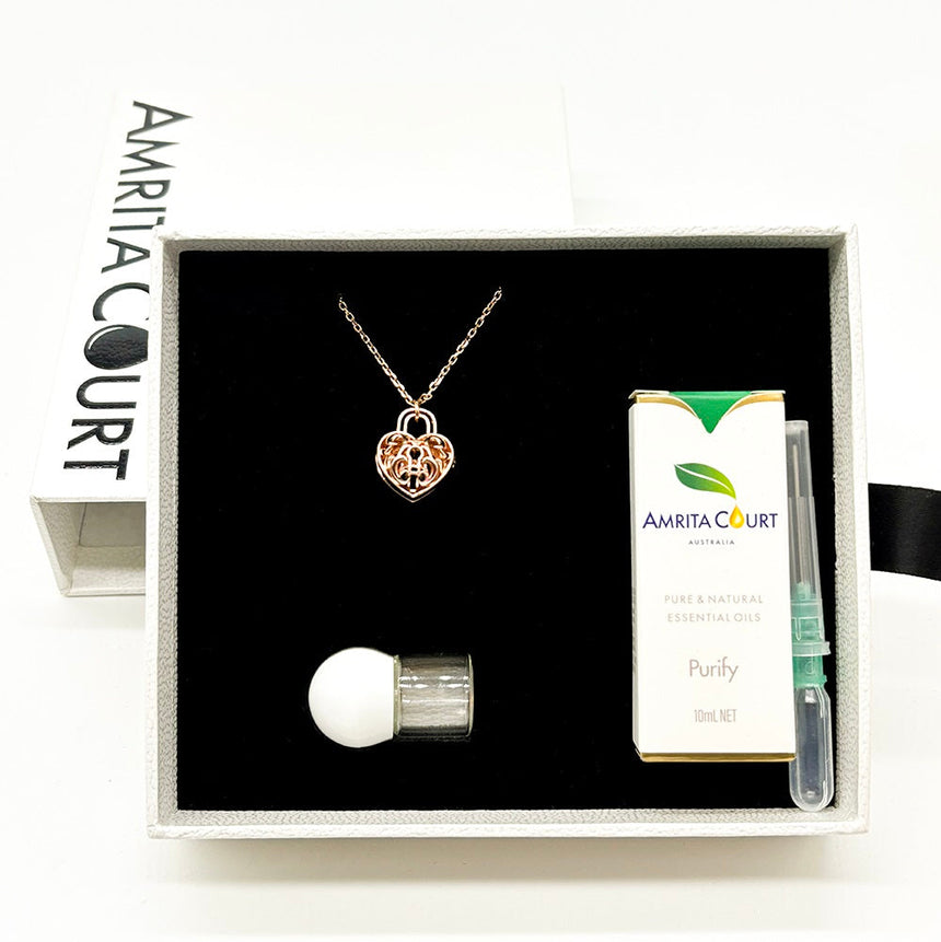 Gift Box - Heart Lock Rose Gold Aroma Necklace + Purify Oil Blend