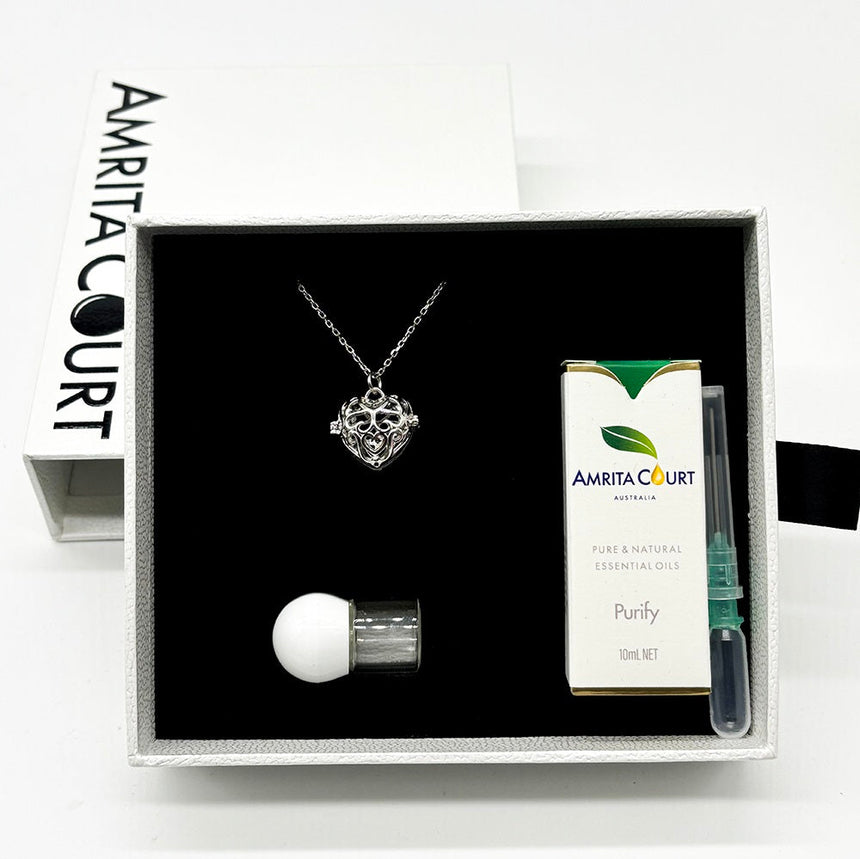 Gift Box - Love Heart White Gold Aroma Necklace + Purify Oil Blend