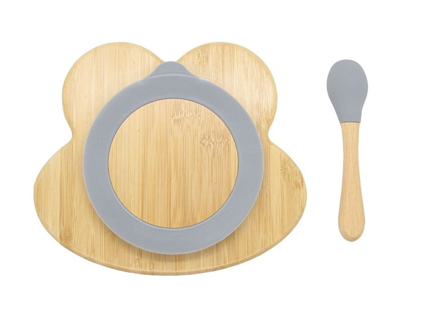 Bamboo Kids Children Baby Plate Bowl & Silicon Suction Cap Base & Spoon - Frog