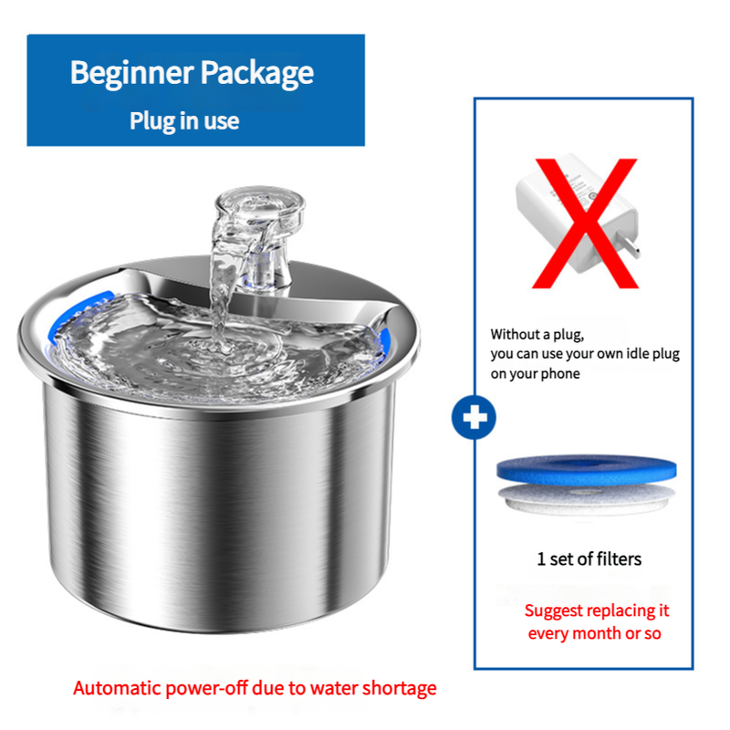 Beginner Package Stainless Steel Pet Water Fountain with Automatic Power-Off -Plug Not Included