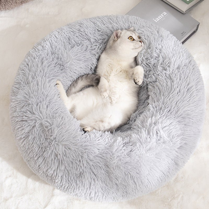 Calming Donut Pet Bed -Soft Faux Fur, Anti-Anxiety Fluffy Round Bed for Cats and Small Dogs (Light Brown)50cm