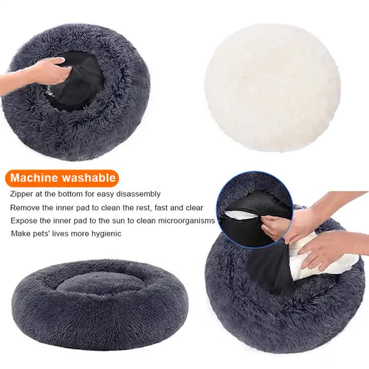 Calming Donut Pet Bed -Soft Faux Fur, Anti-Anxiety Fluffy Round Bed for Cats and Small Dogs (Dark Gray)40cm