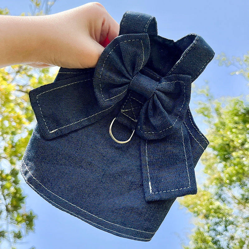 Pet Denim Harness Dress Set (2 Pieces) – 3XL Size (70cm Chest for 20-36 lb Pets) with T-Shirt and Skirt, Bow, and Leash Ring