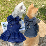 Pet Denim Harness Dress Set (2 Pieces) - XL Size (52cm Chest for 10-14 lb Pets) with T-Shirt and Skirt, Bow,and Leash Ring