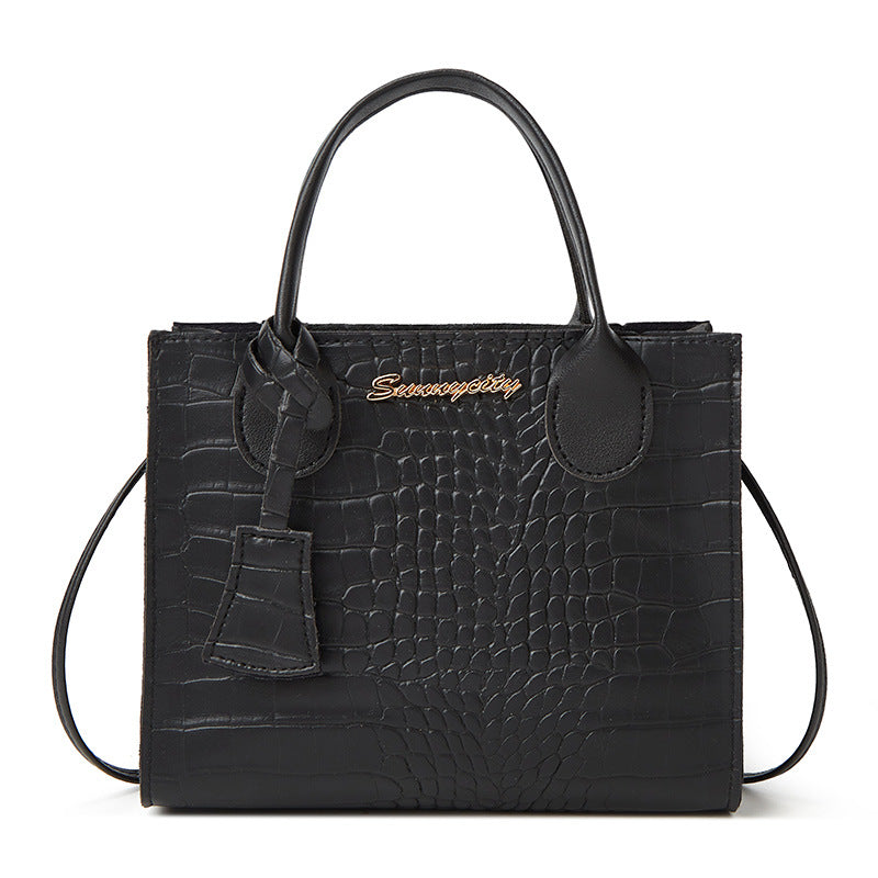 Elegant Crocodile Embossed Faux Leather Handbag - Black Tote with Dual Handle for Women 20*16*9cm