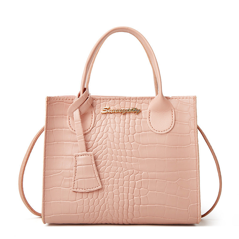 Elegant Crocodile Embossed Faux Leather Handbag - Pink Tote with Dual Handle for Women 20*16*9cm