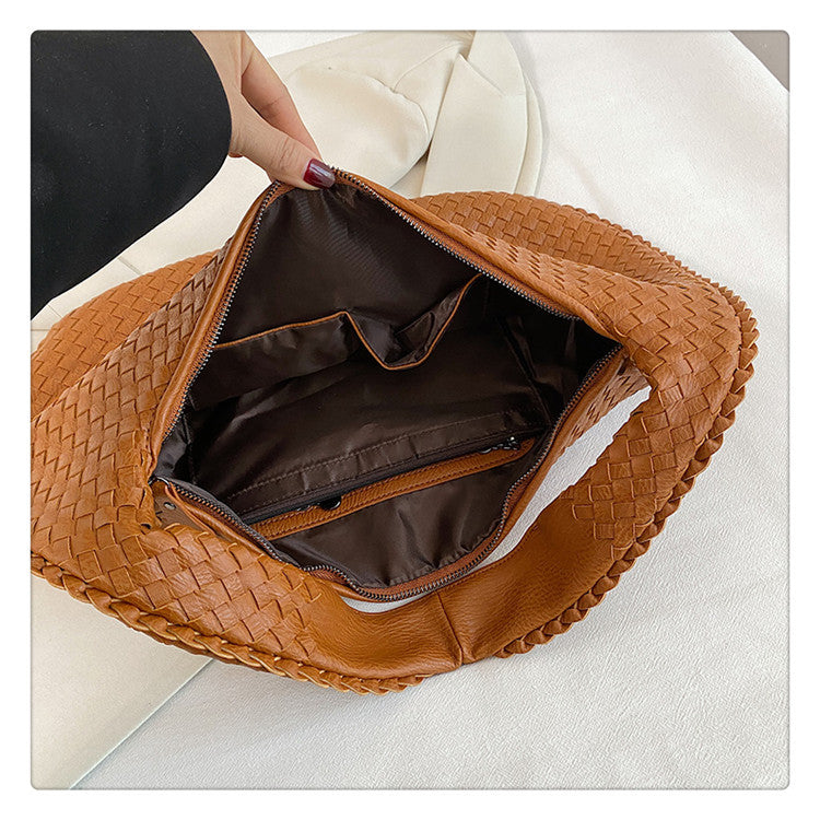 Luxury Woven Leather Hobo Bag - Elegant Shoulder Tote 34*21cm (Brown)