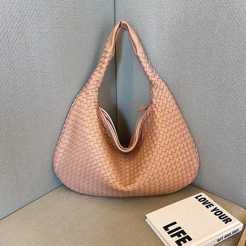 Elegant Woven Leather Hobo Bag - Soft Shoulder Tote 47*32cm (Pink)