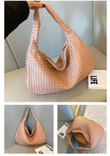 Elegant Woven Leather Hobo Bag - Soft Shoulder Tote 47*32cm (Pink)