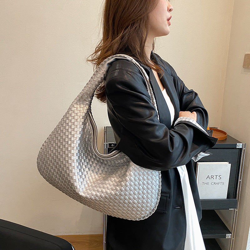 Elegant Woven Leather Hobo Bag - Soft Shoulder Tote 47*32cm (Silver)