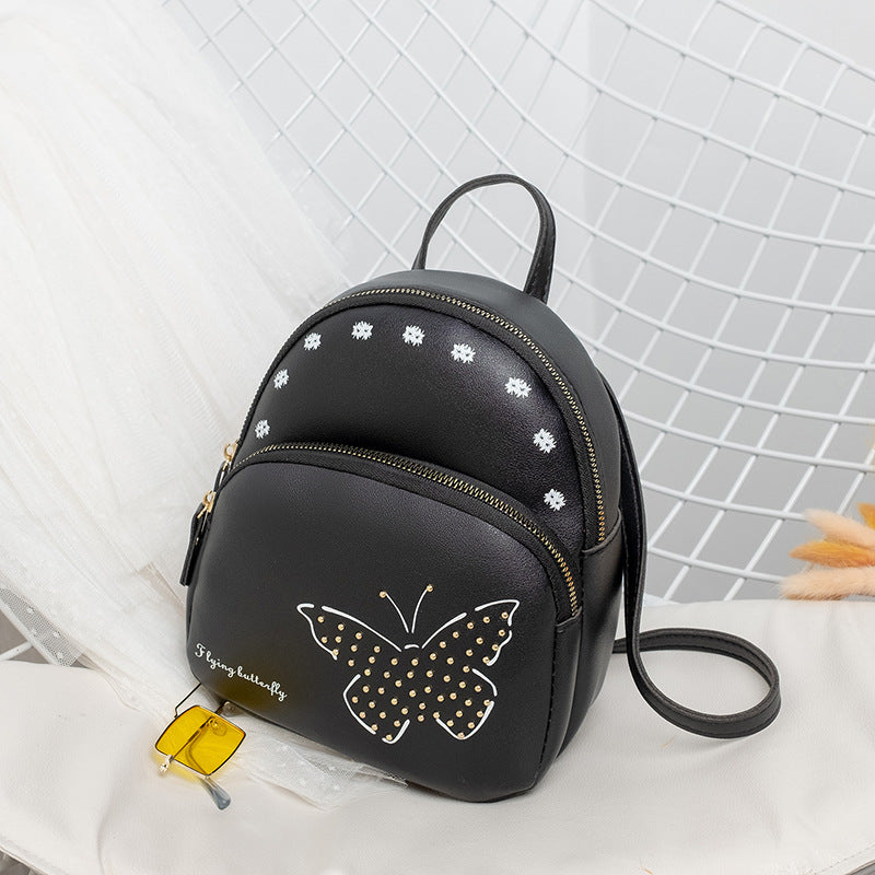 Mini Faux Leather Backpack with Butterfly Design -Black Cute Backpack for Girls