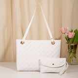 Elegant Quilted Tote Bag with Matching Clutch in White