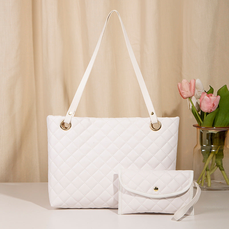 Elegant Quilted Tote Bag with Matching Clutch in White