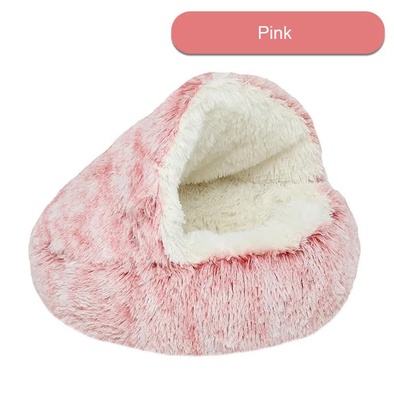 Cozy Pink Plush Hooded Pet Bed - Ultra Soft Long Fur Cave Bed for Small Pets 50cm