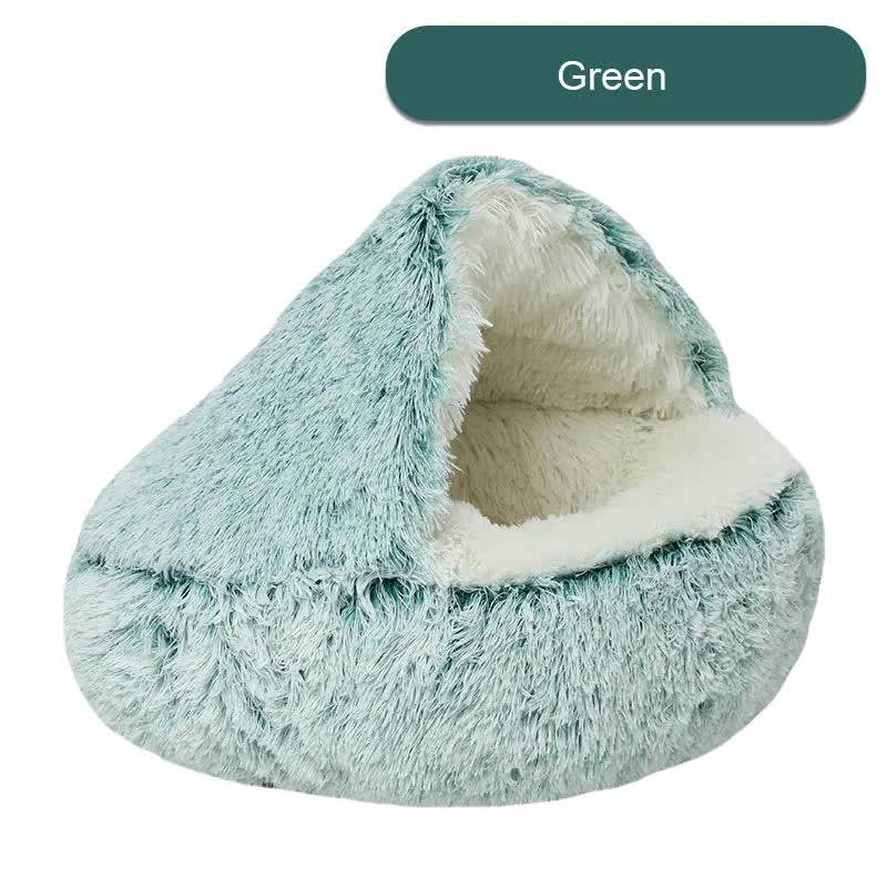 Cozy Green Plush Hooded Pet Bed - Ultra Soft Long Fur Cave Bed for Small Pets 50cm