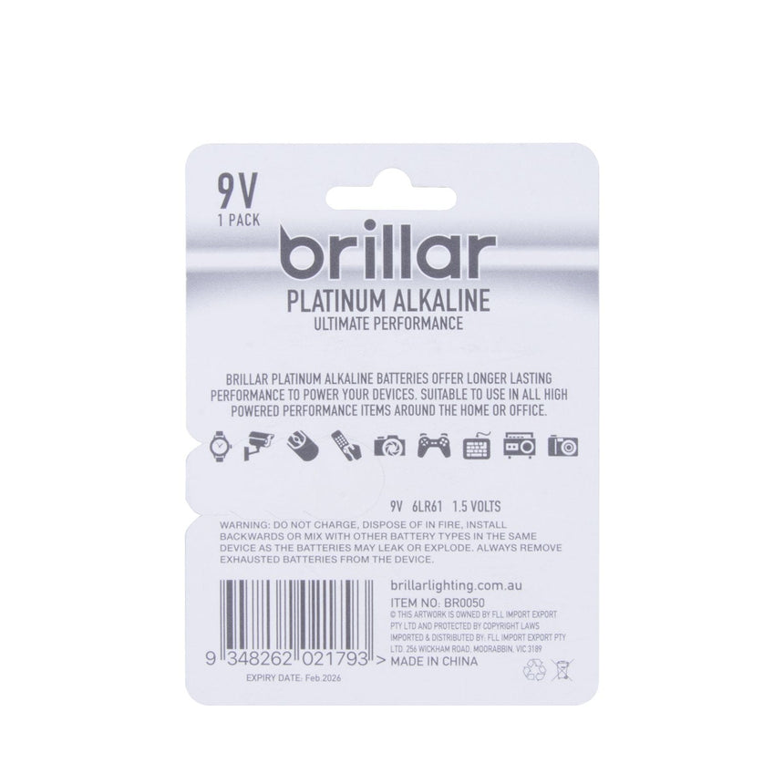 2 Pack Brillar 9V Platinum Alkaline Battery