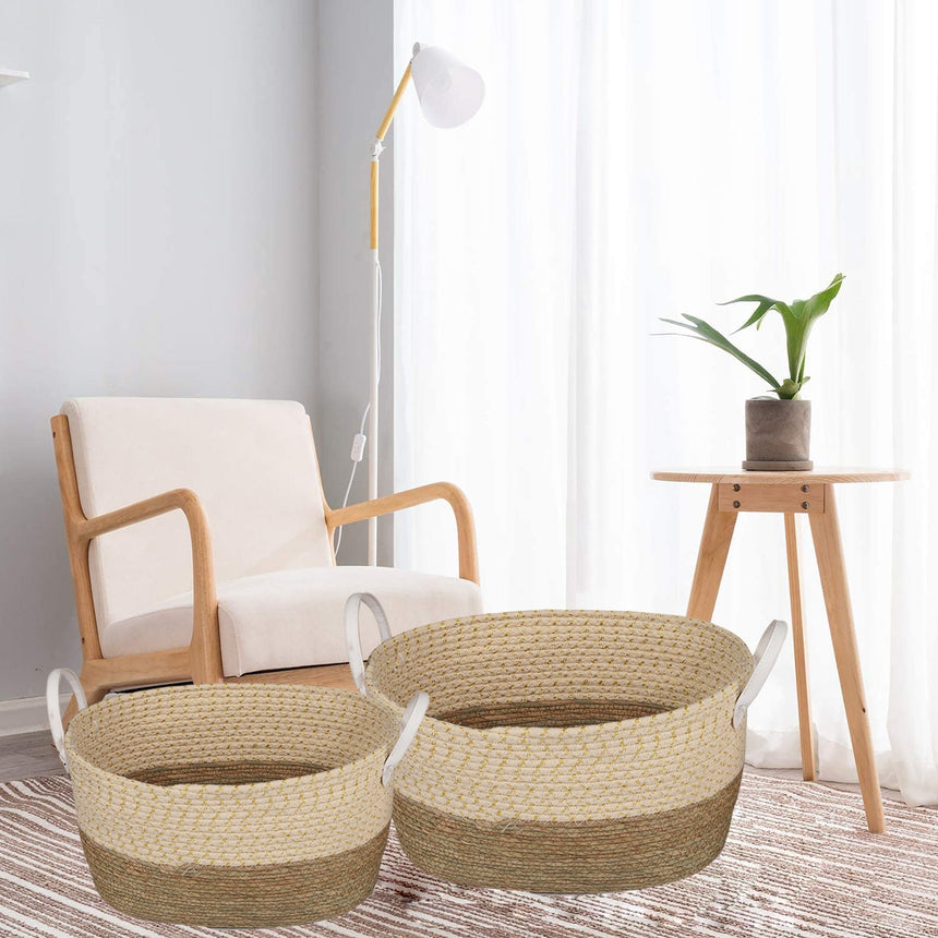 2 Piece Cotton Rope Stripe Carry Handles Storage Baskets set